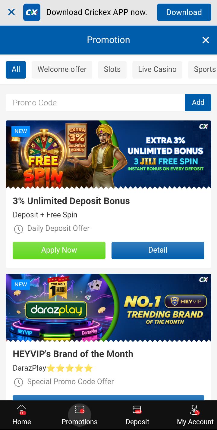 Crickex APK Bonuses
